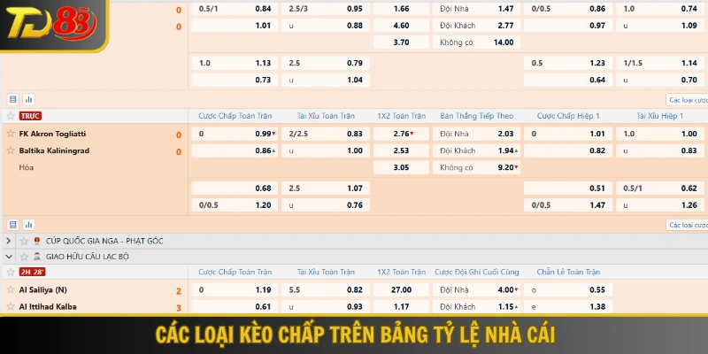 Các loại kèo chấp trên bảng tỷ lệ nhà cái